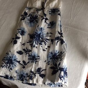 blue and white strapless dress